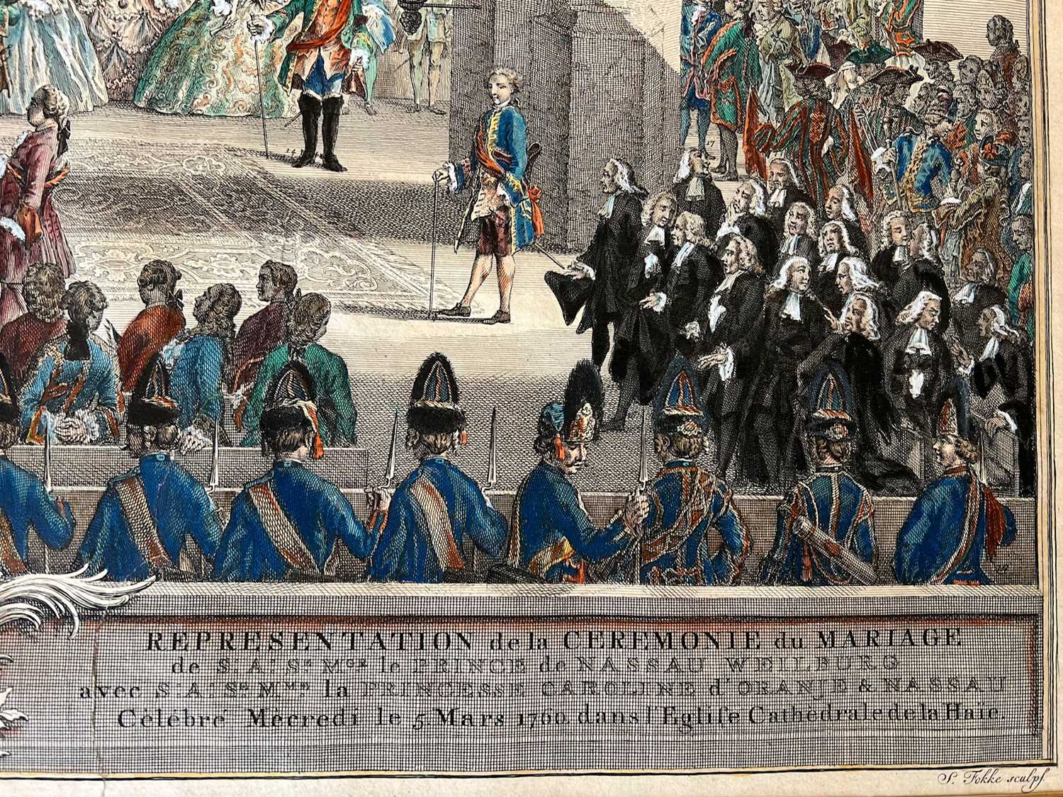 AN 18TH CENTURY HAND COLOURED ENGRAVING DEPICTING THE MARRIAGE OF PRINCE VAN NASSAU WEILBURG - Image 5 of 6