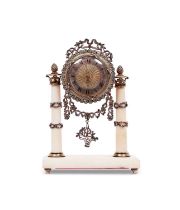 A SILVER AND GEM SET MINIATURE CLOCK, FRENCH, LATE 19TH / EARLY 20TH CENTURY
