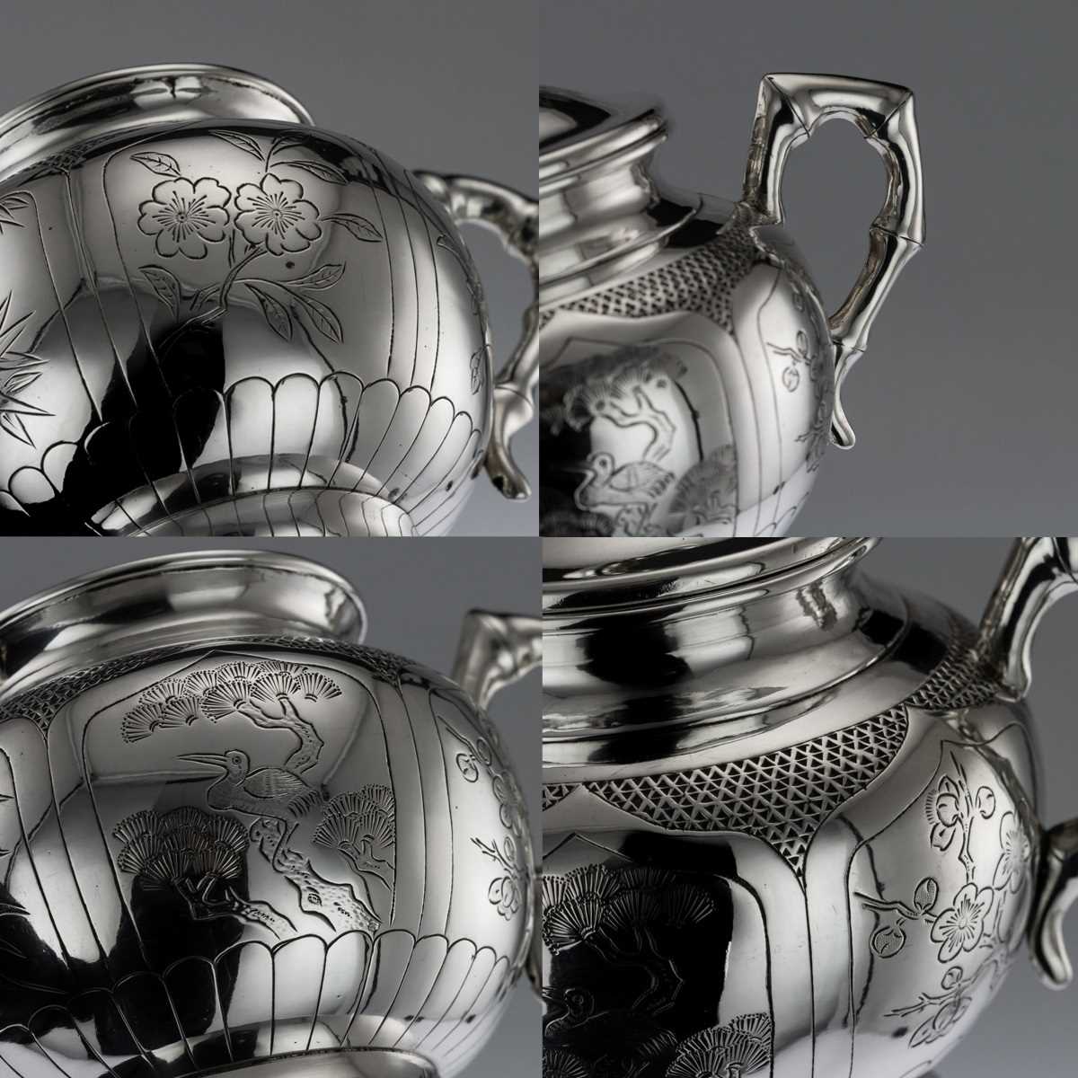 AN EARLY 20TH CENTURY CHINESE SOLID SILVER THREE PIECE TEA SET ON TRAY C. 1910 - Image 8 of 12