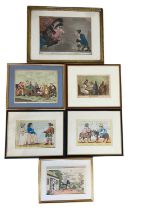 SIX LATE 18TH / EARLY 19TH CENTURY HAND COLOURED ETCHINGS AND AQUATINTS OF CARICATURES