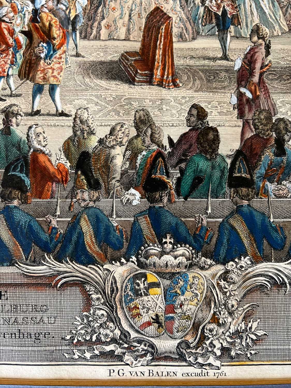 AN 18TH CENTURY HAND COLOURED ENGRAVING DEPICTING THE MARRIAGE OF PRINCE VAN NASSAU WEILBURG - Image 2 of 6