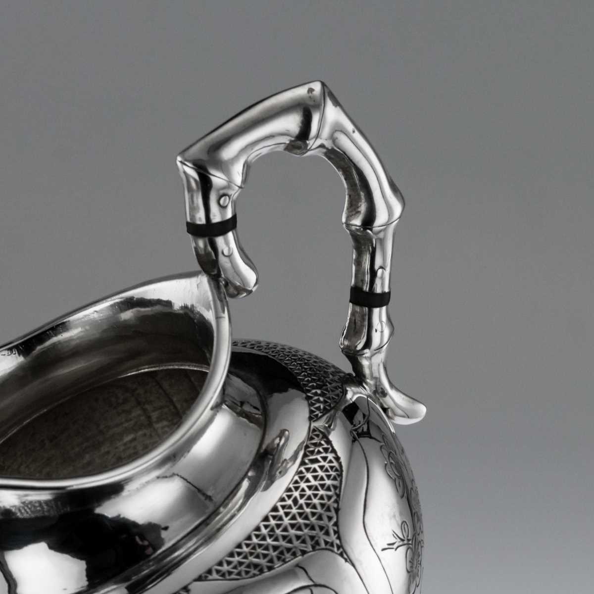 AN EARLY 20TH CENTURY CHINESE SOLID SILVER THREE PIECE TEA SET ON TRAY C. 1910 - Image 9 of 12