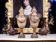 A PAIR OF LATE 19TH CENTURY FRENCH FLUORSPAR MARBLE AND ORMOLU MOUNTED URNS