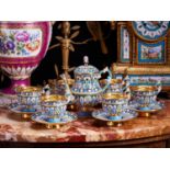 A FINE SOLID SILVER GILT AND ENAMEL TEA SET IN MANNER OF OVCHINNIKOV