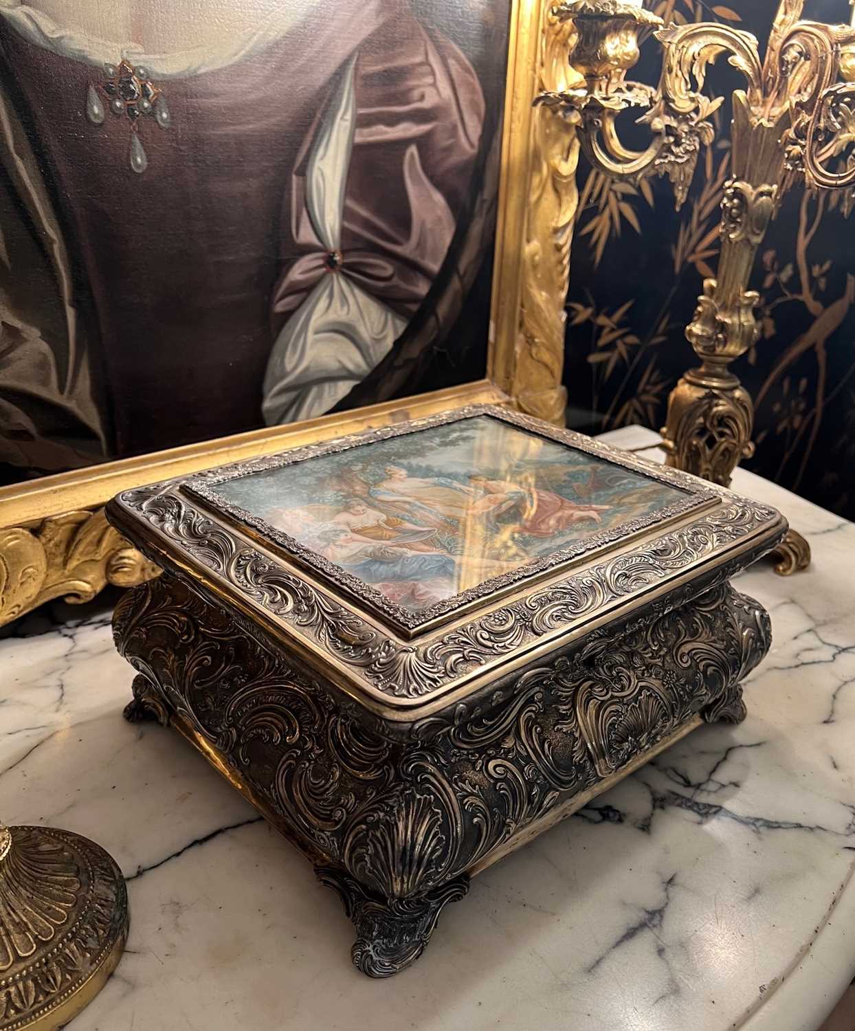 AN 18TH / 19TH CENTURY SILVER, SILVER GILT AND PAINTED TABLE CASKET