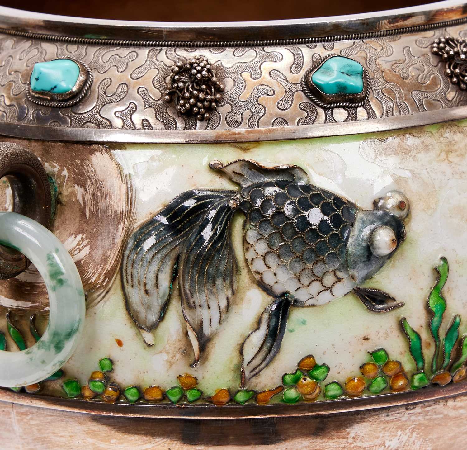 A SILVER, ENAMEL, JADE AND TURQUOISE MOUNTED BOWL, CHINESE, CIRCA 1900 - Image 2 of 3