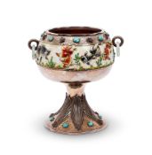 AN EARLY 20TH CENTURY CHINESE SILVER, ENAMEL, JADE AND TURQUOISE MOUNTED BOWL, CIRCA 1900