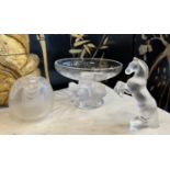 A LALIQUE GLASS HORSE AND GLASS BOWL TOGETHER WITH A STUDIO GLASS VASE