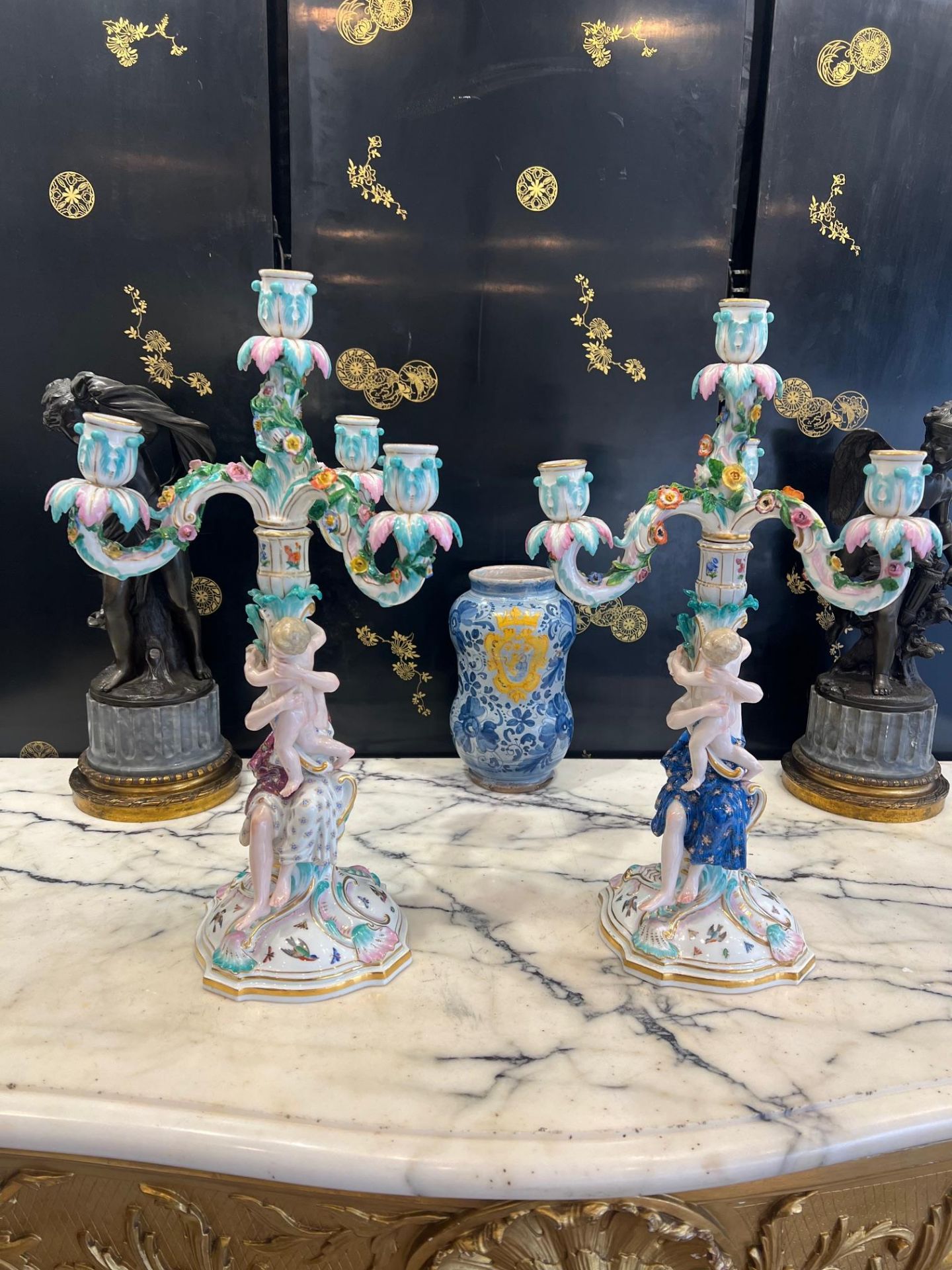 MEISSEN: A PAIR OF 19TH CENTURY PORCELAIN FLOWER ENCRUSTED AND FIGURAL CANDELABRA - Image 2 of 14