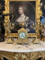 A LATE 19TH CENTURY FRENCH GILT BRONZE CLOCK GARNITURE