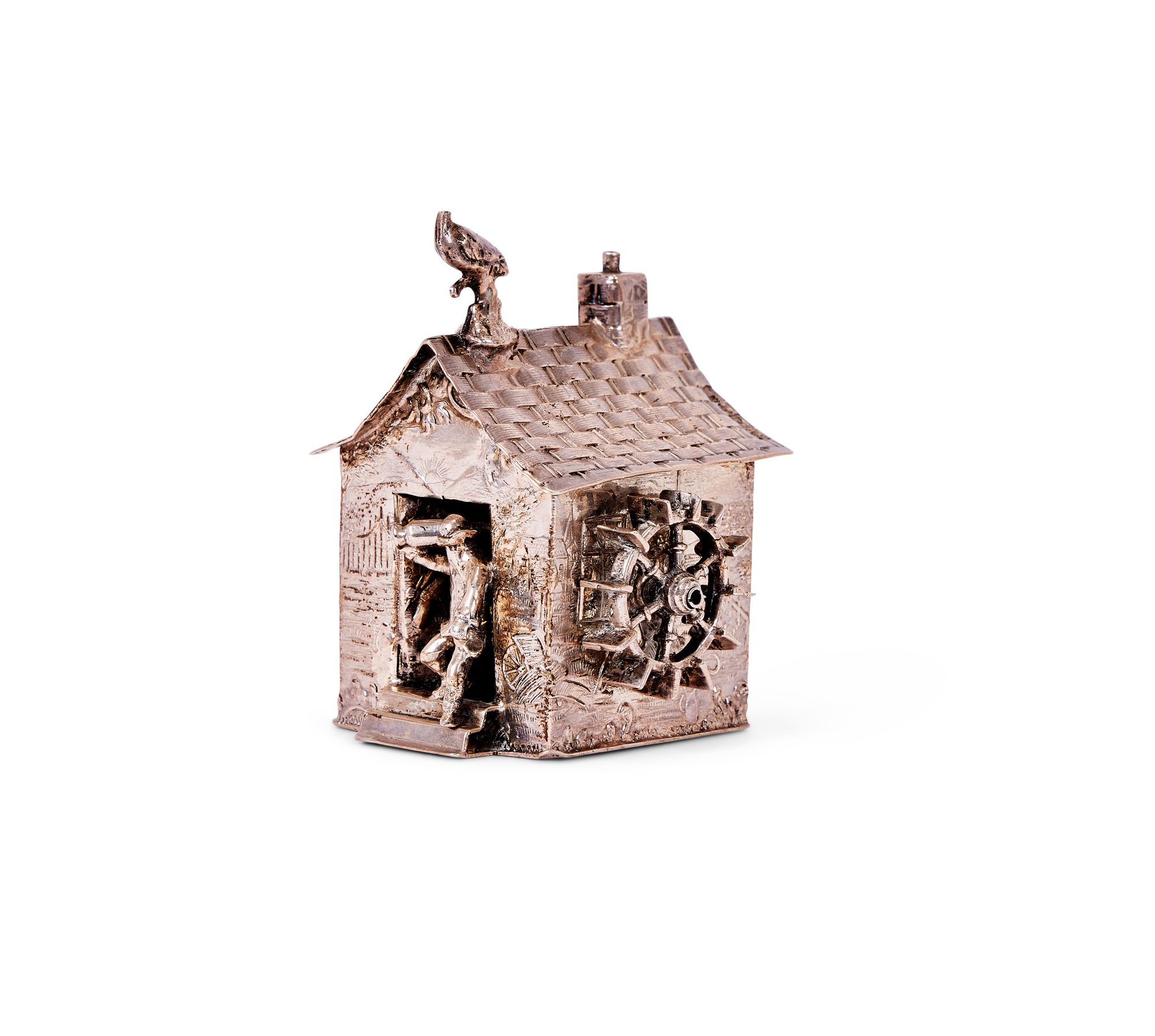 A 19TH CENTURY DUTCH SILVER MINIATURE MODEL OF A WATERMILL DEPICTING THE FOUR SEASONS