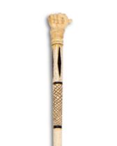 A RARE 18TH / 19TH CENTURY ENGLISH CARVED WHALE BONE AND TORTOISESHELL WALKING CANE