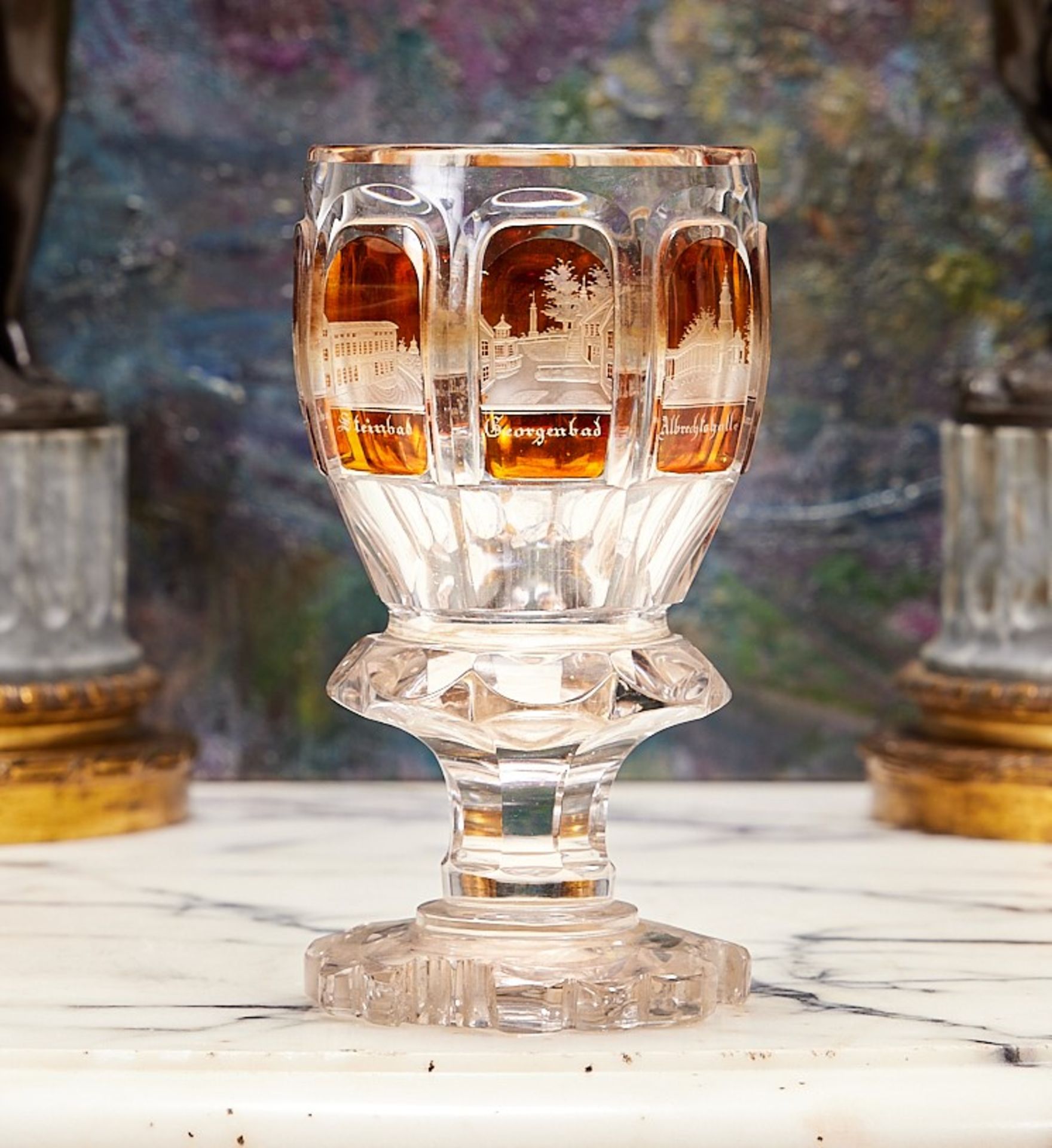 A 19TH CENTURY BOHEMIAN AMBER AND CLEAR GLASS GOBLET - Image 2 of 3