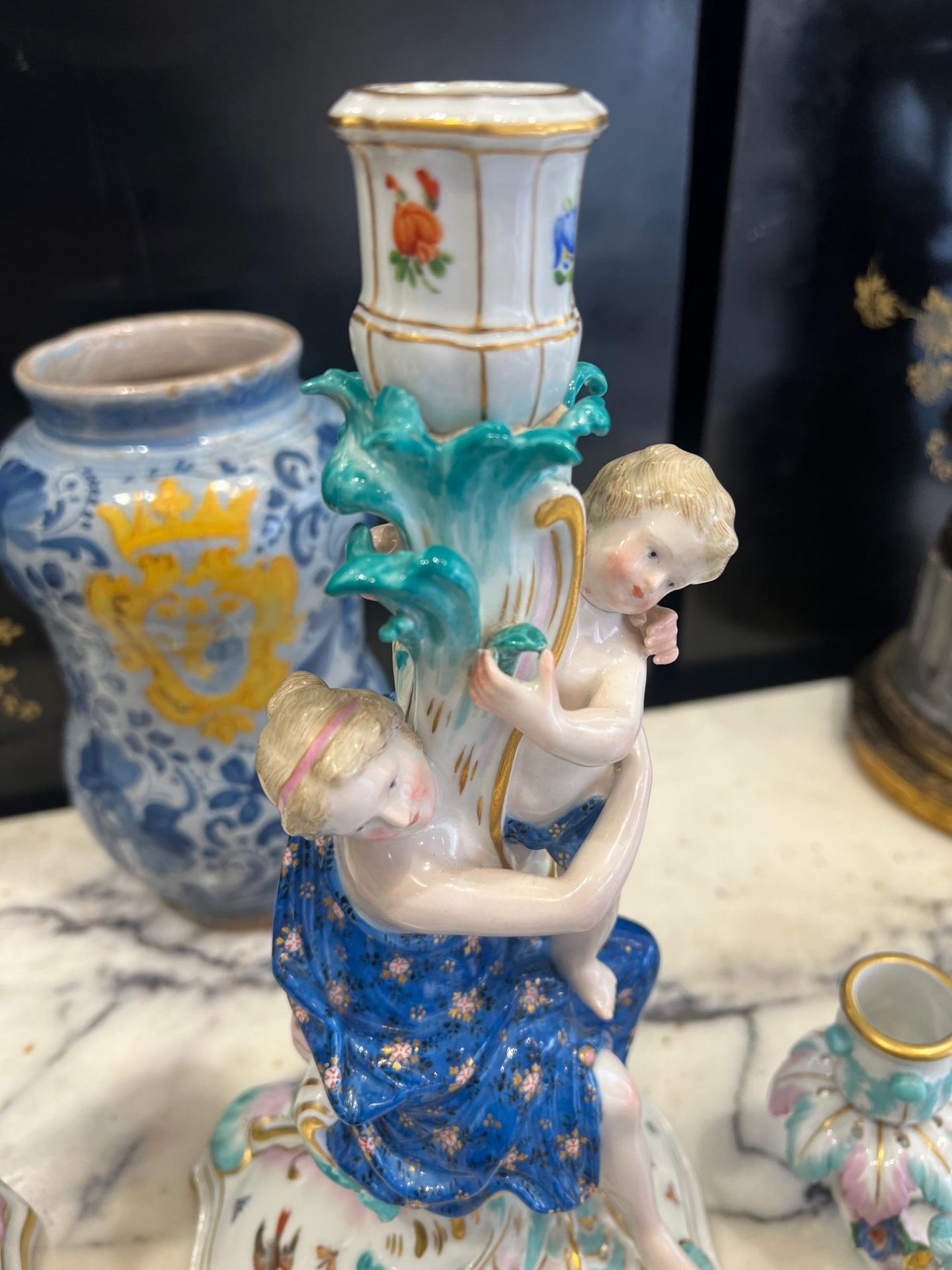 MEISSEN: A PAIR OF 19TH CENTURY PORCELAIN FLOWER ENCRUSTED AND FIGURAL CANDELABRA - Image 6 of 14