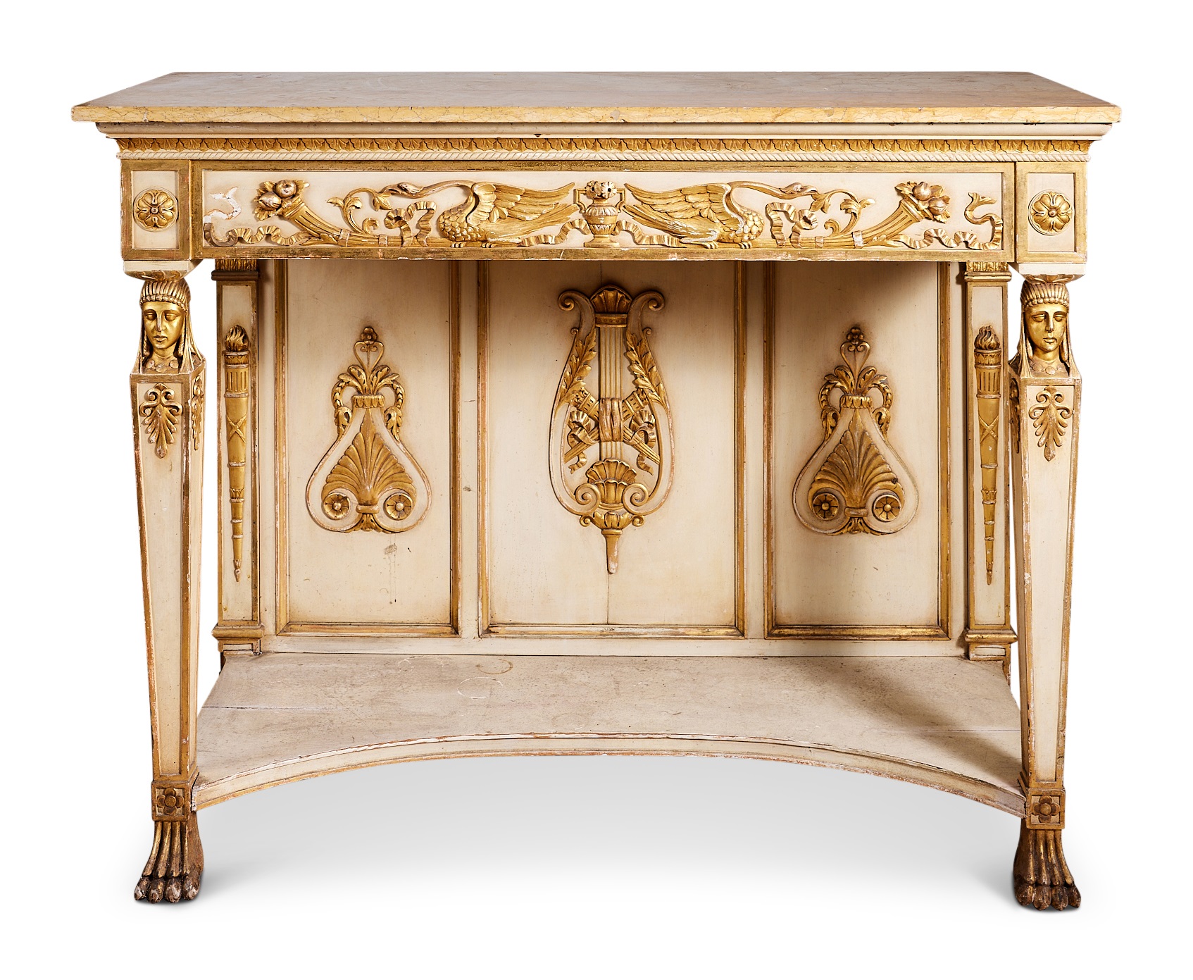 A 19TH CENTURY EMPIRE PAINTED AND PARCEL GILT WOOD CONSOLE TABLE