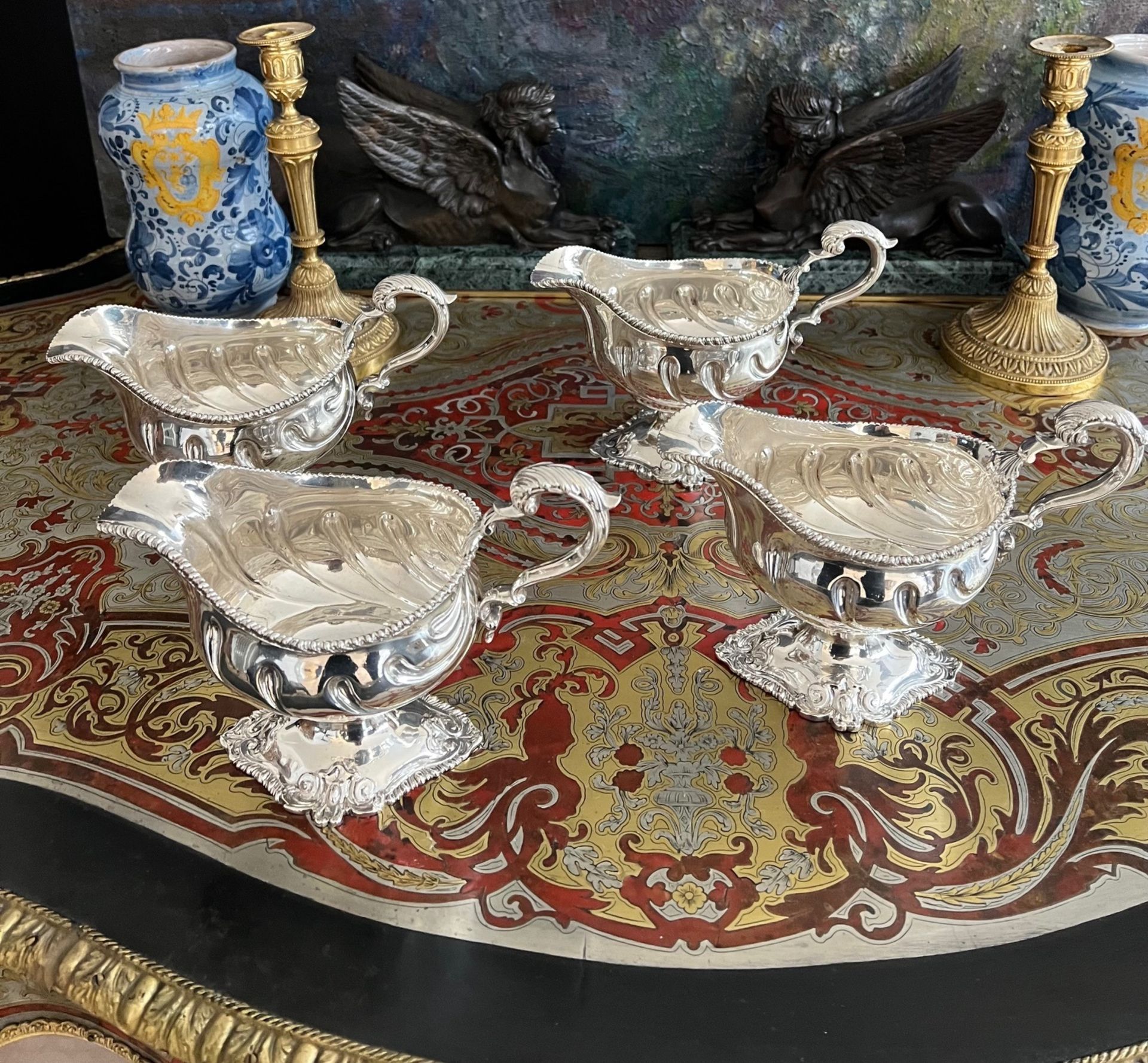 A SET OF FOUR 18TH CENTURY STERLING SILVER SAUCE BOATS, C. 1763 - Image 6 of 13