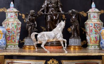 A STERLING SILVER MODEL OF A HORSE, AFTER PIERRE-JULES MENE, LONDON, 1979