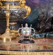 AN UNUSUAL VICTORIAN SILVER BALL GRENADE TABLE LIGHTER, LONDON, 1878