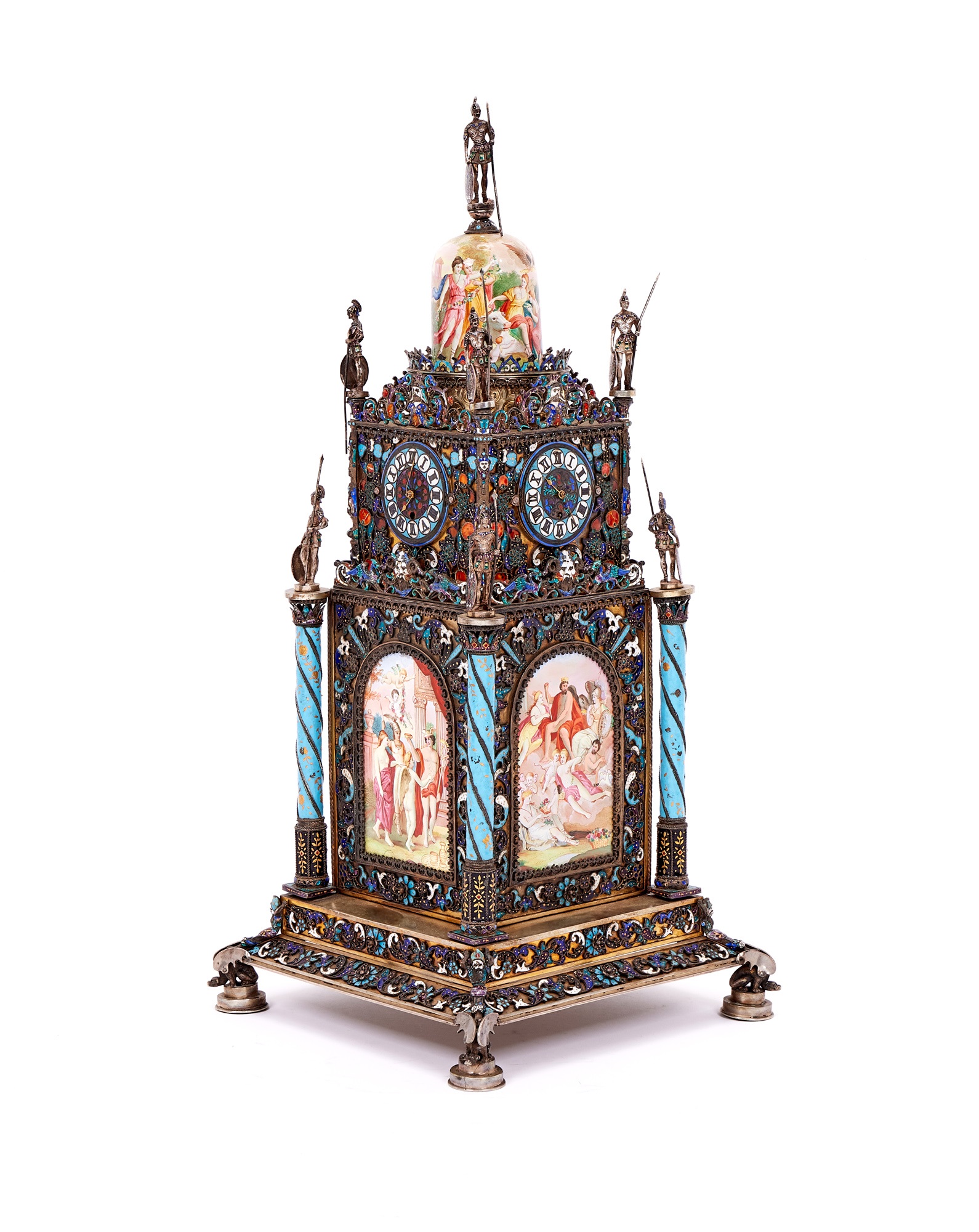 A MASSIVE SILVER AND ENAMEL CLOCK ATTRIBUTED TO HERMANN BOEHM, VIENNA, CIRCA 1890