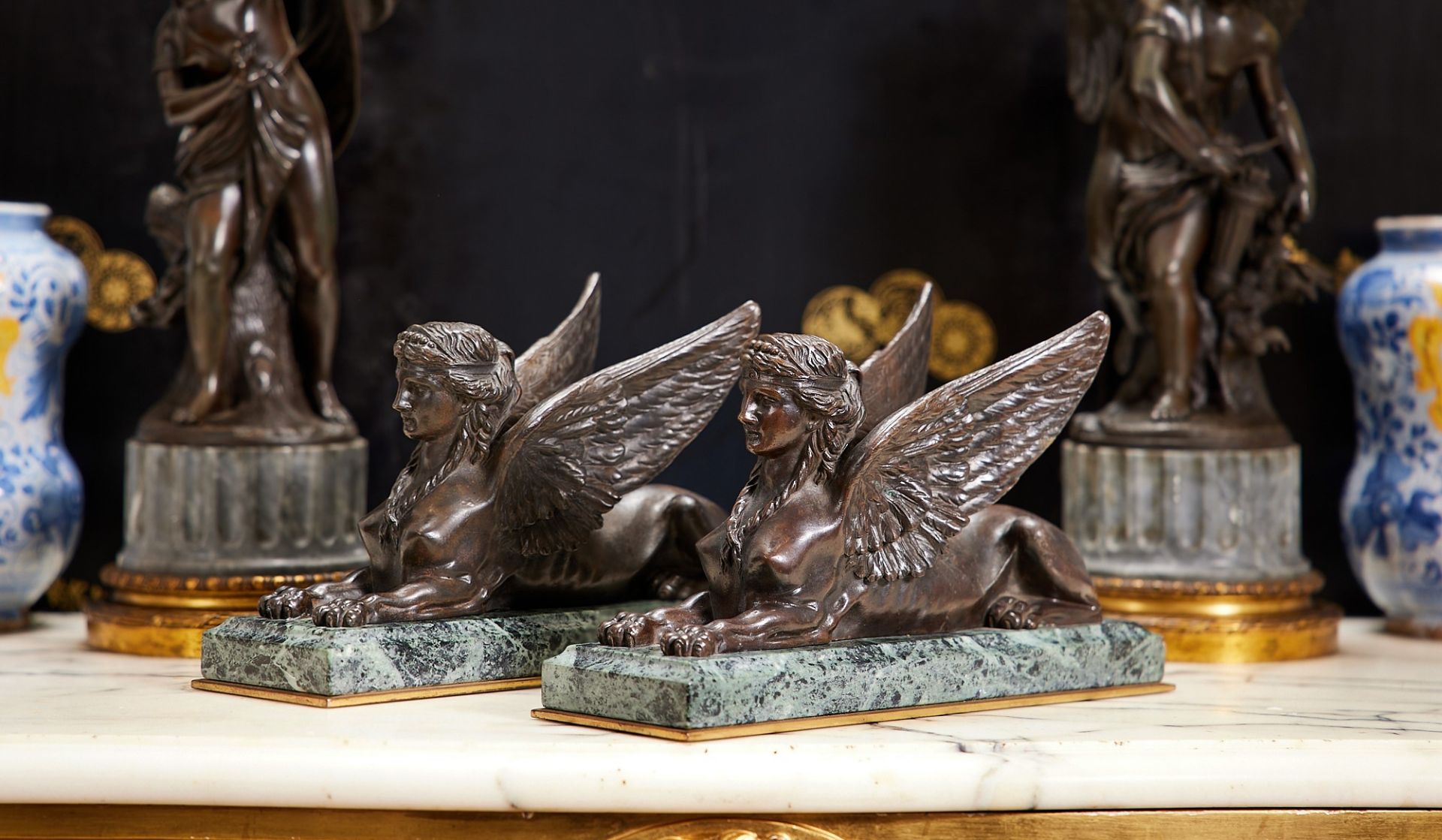 A FINE PAIR OF 19TH CENTURY BRONZE AND MARBLE MODELS OF SPHINXES - Image 2 of 2