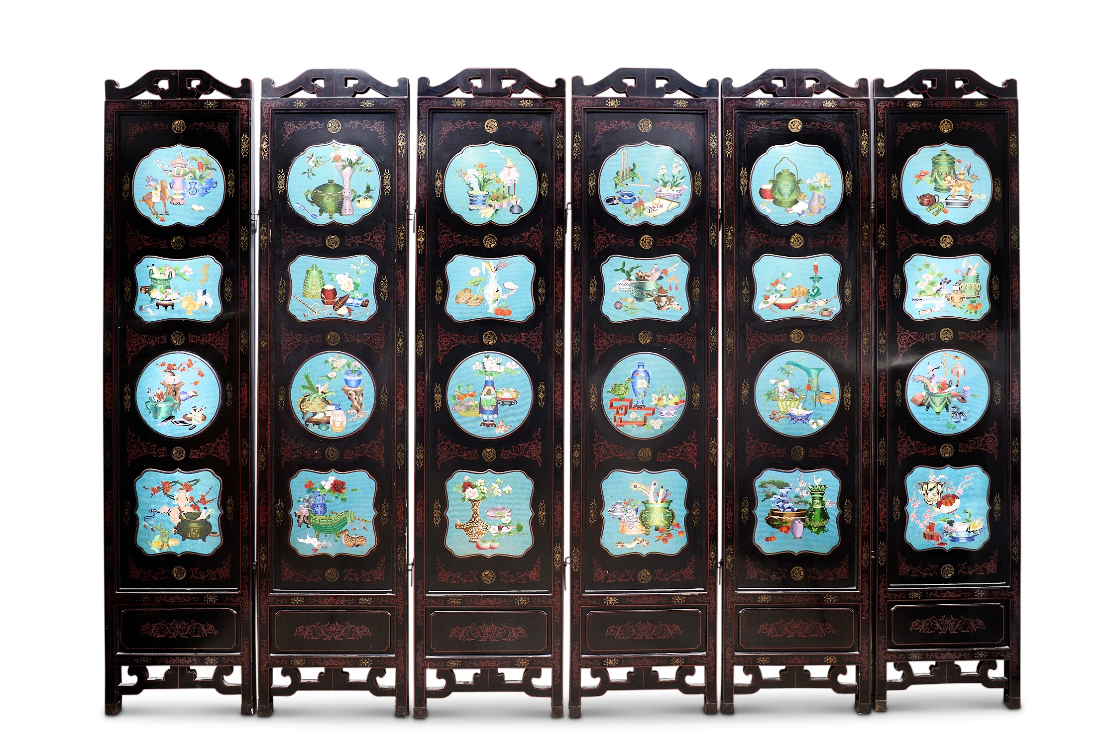 AN EARLY 20TH CENTURY CHINESE CLOISONNE ENAMEL AND BLACK LACQUERED SIX PANEL SCREEN