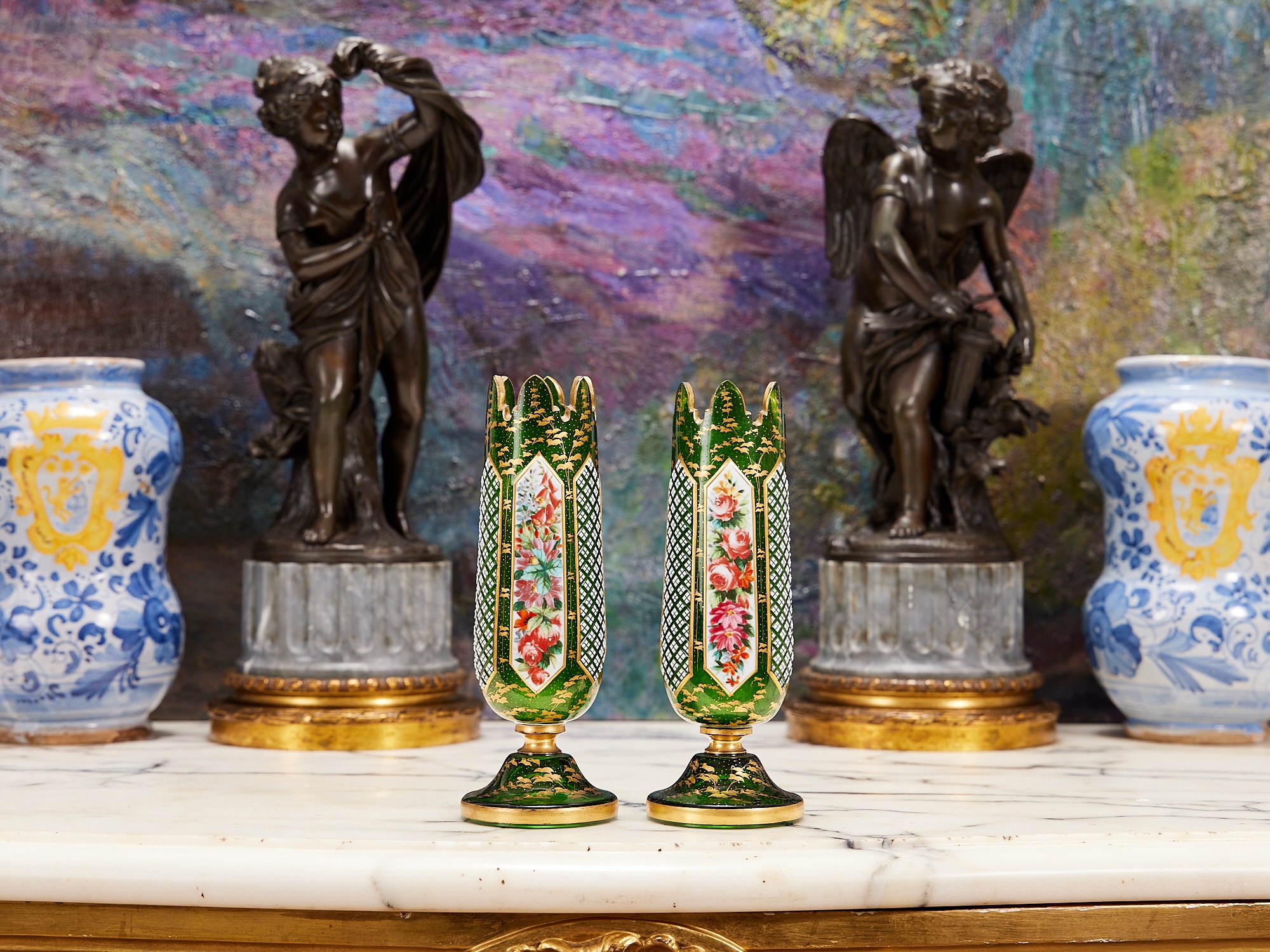 A PAIR OF 19TH CENTURY BOHEMIAN FLASHED GLASS VASES FOR THE PERSIAN MARKET