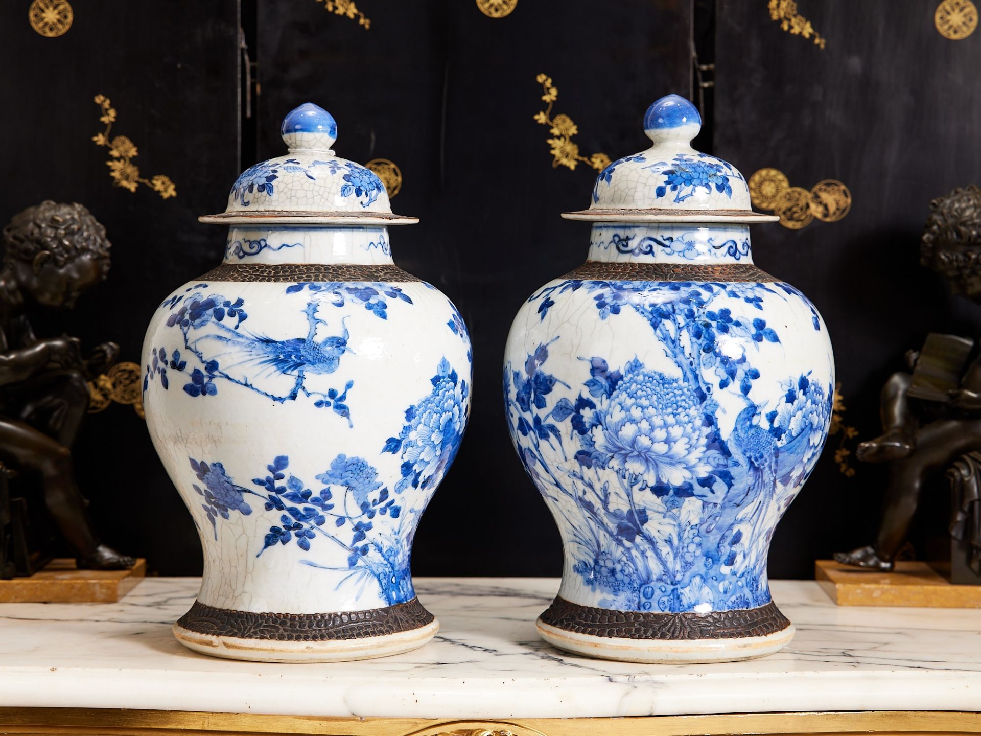 A LARGE PAIR OF 19TH CENTURY CHINESE CRACKLE GLAZED PORCELAIN VASES AND COVERS