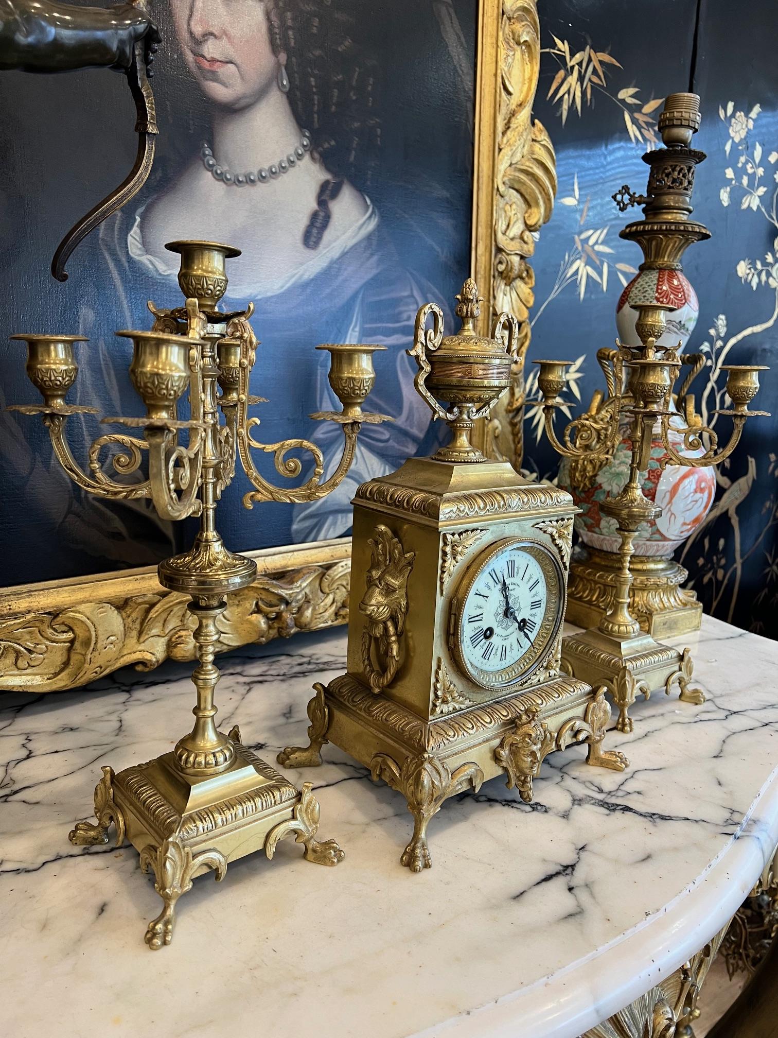 A LATE 19TH CENTURY FRENCH GILT BRONZE CLOCK GARNITURE - Image 4 of 4