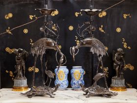 A PAIR OF JAPANESE MODELS OF STORKS FITTED AS LAMPS