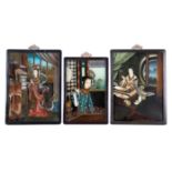 A SET OF THREE CHINESE PAINTINGS IN EBONISED FRAMES