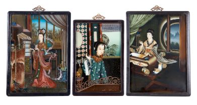 A SET OF THREE CHINESE PAINTINGS IN EBONISED FRAMES