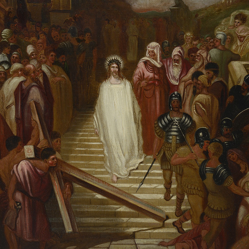 A LARGE 19TH CENTURY PAINTING OF 'CHRIST LEAVING THE PRAETORIUM' 1893 - Image 5 of 6