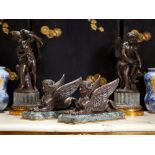 A FINE PAIR OF 19TH CENTURY BRONZE AND MARBLE MODELS OF SPHINXES