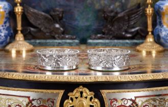 A FINE PAIR OF SUBSTANTIAL WILLIAM IV PERIOD STERLING SILVER WINE COASTERS C. 1837