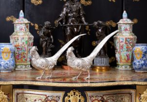 A LARGE PAIR OF SILVER MODELS OF PHEASANTS, GERMAN, EARLY 20TH CENTURY