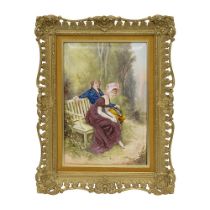 A LATE 19TH CENTURY PARIS PORCELAIN PLAQUE DEPICTING A COURTING COUPLE