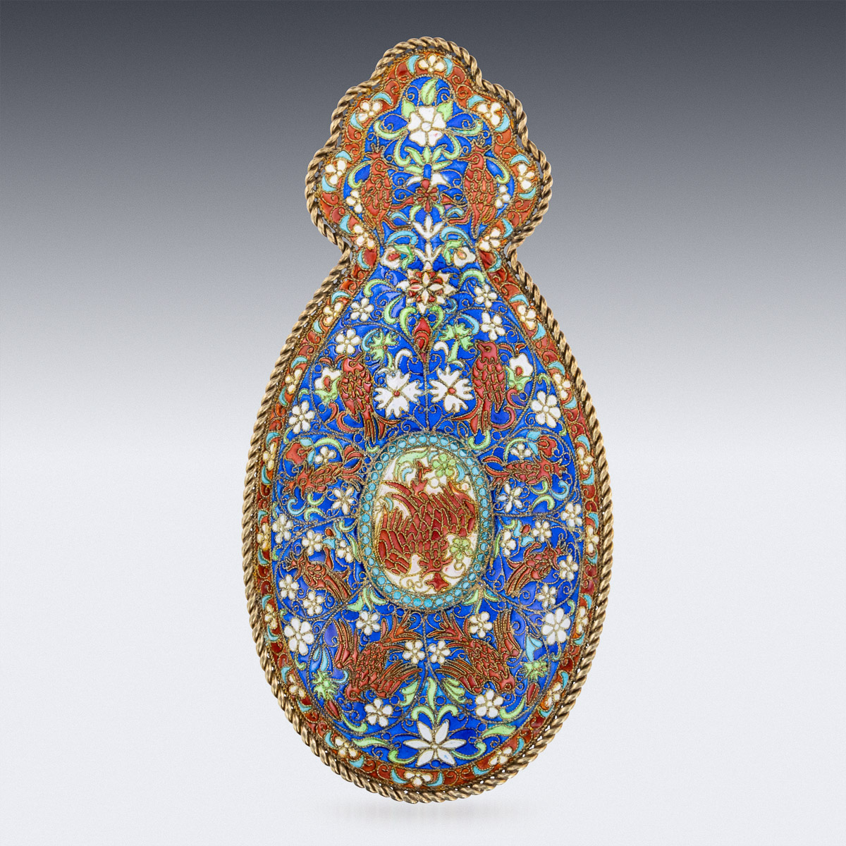 A 19TH CENTURY SOLID SILVER GILT & PLIQUE-A-JOUR ENAMEL KOVSH c.1890 - Image 6 of 18