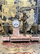 A LATE 19TH CENTURY FRENCH SPELTER AND MARBLE CLOCK GARNITURE