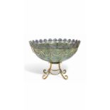 A 14CT GOLD, NEPHRITE, ENAMEL AND DIAMOND MOUNTED BOWL IN THE STYLE OF FABERGE BY S. RUDLE