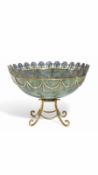 A 14CT GOLD, NEPHRITE, ENAMEL AND DIAMOND MOUNTED BOWL IN THE STYLE OF FABERGE BY S. RUDLE