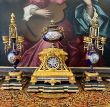 AN EXCEPTIONAL QUALITY LATE 19TH CENTURY FRENCH ORMOLU AND SEVRES STYLE PORCELAIN CLOCK SET