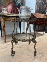 A GILT BRASS AND GLASS DRINKS TROLLEY