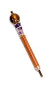 A FABERGE STYLE GOLD MOUNTED, HARDSTONE AND GEM SET PARASOL HANDLE