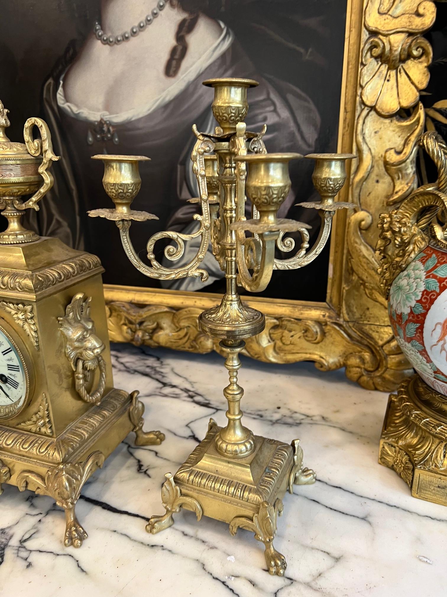 A LATE 19TH CENTURY FRENCH GILT BRONZE CLOCK GARNITURE - Image 3 of 4