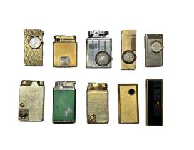 TEN NOVELTY LIGHTERS, FIVE WITH WATCH MOVEMENTS