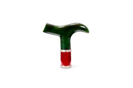 A FABERGE STYLE NEPHRITE, ENAMEL AND SILVER MOUNTED CANE HANDLE