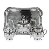 AN EARLY 20TH CENTURY SOLID SILVER TEA SET ON TRAY, CHINESE, C. 1910