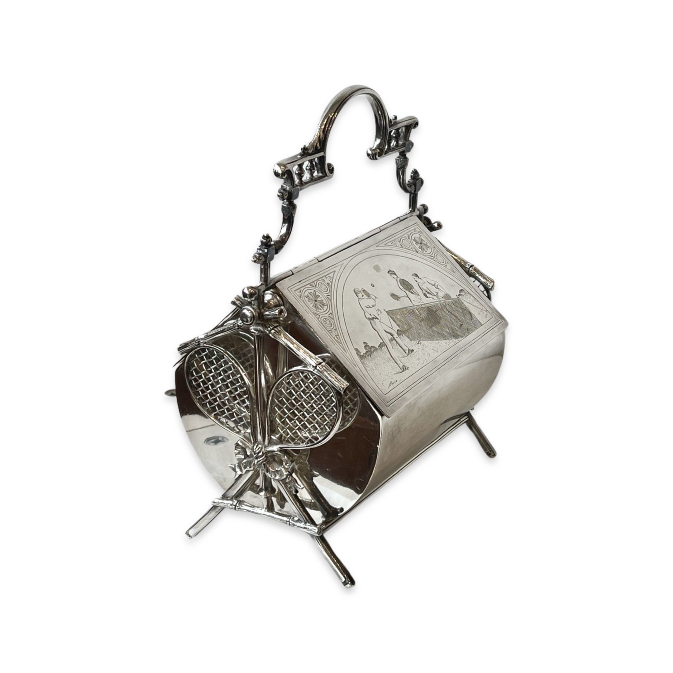 A RARE EARLY 20TH CENTURY NOVELTY SILVER PLATED 'TENNIS' BISCUIT BOX C. 1900 - Image 4 of 7