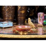 A FABERGE STYLE SILVER GILT, JASPER AND GEM SET BOWL WITH PARROT