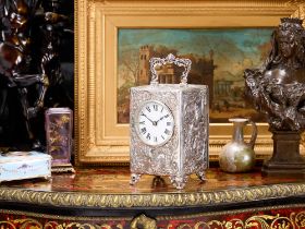 A GIANT 19TH CENTURY SILVER CARRIAGE CLOCK BY WILLIAM COMYNS & SONS, C. 1899